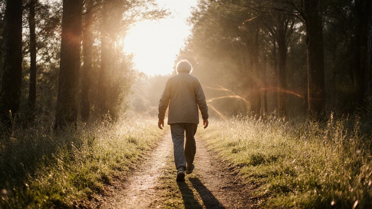 Starší osoba chodí po lesní cestě v ranním světle.