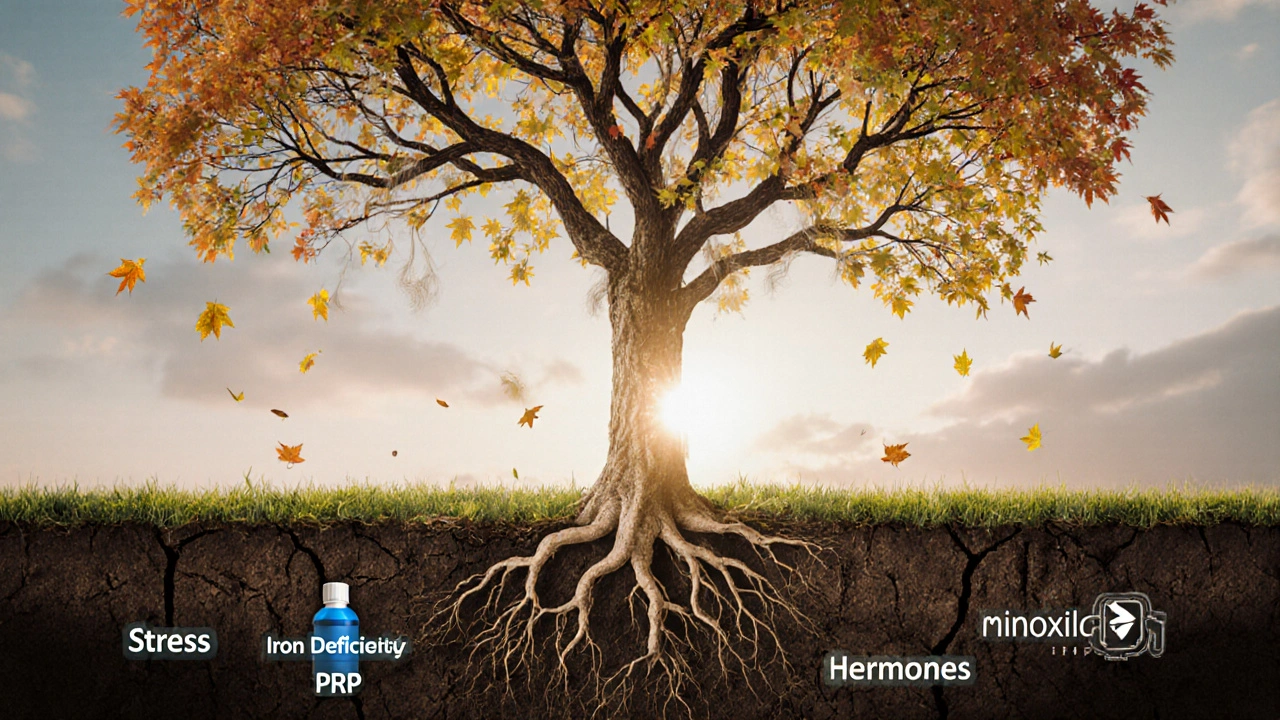 Strom s vlasovými listy, kořeny v poškozené půdě.