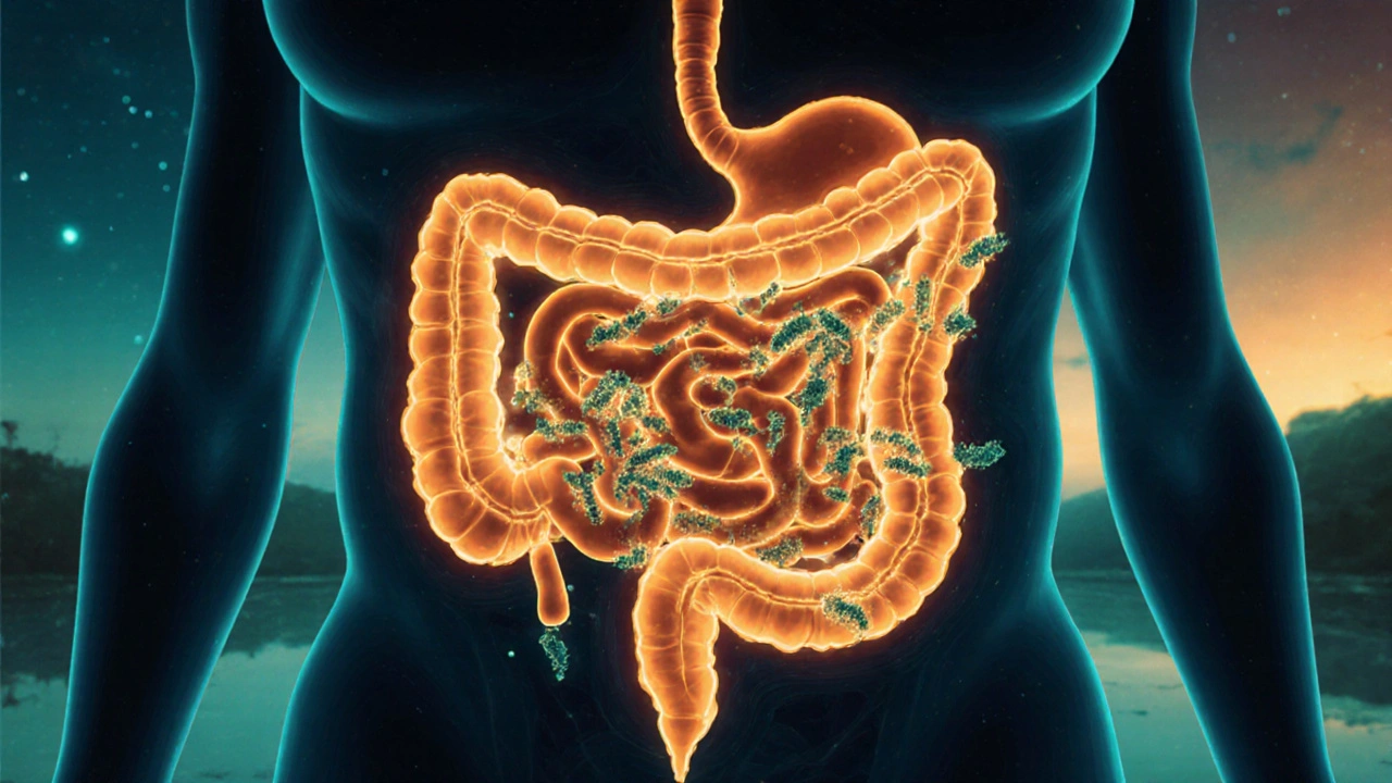 Stylizovaný průběh probiotik v trávicím traktu: živé bakterie cestují do střev, zatímco jiné zemřou v kyselém žaludku.