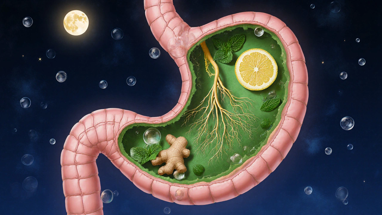 Symbolický obraz žaludku jako klidné zahrady s kořenem zázvoru a máty.