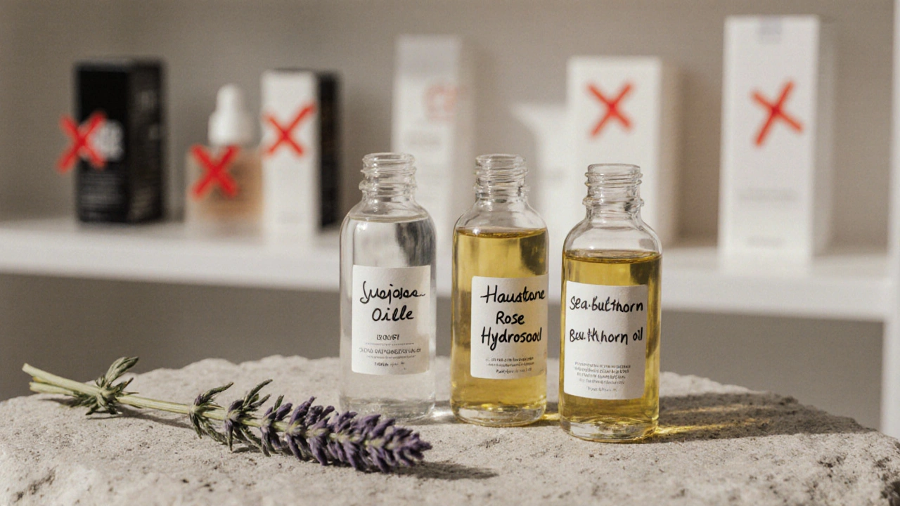 Tři jednoduché lahve s přírodními oleji na kamenité ploše, za nimi falešné kosmetické balení.