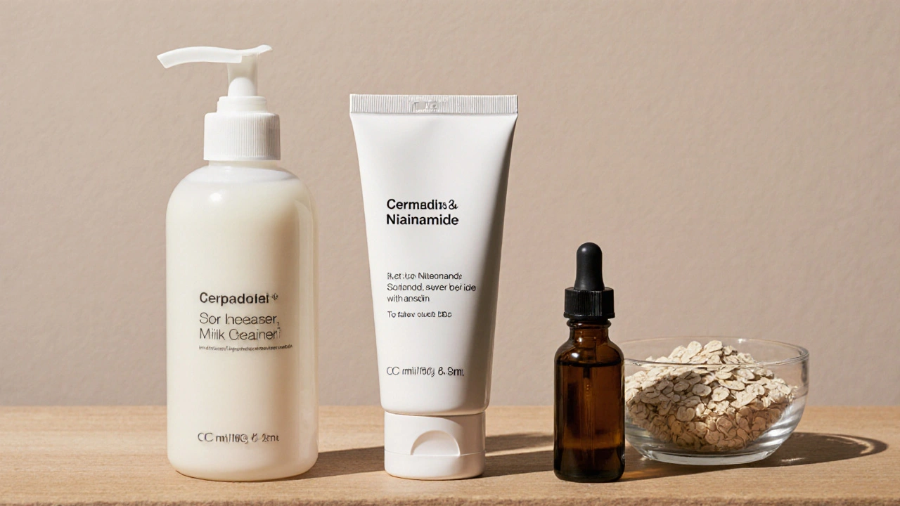 Tři jednoduché produkty pro citlivou pokožku: čistič, krém a olej.