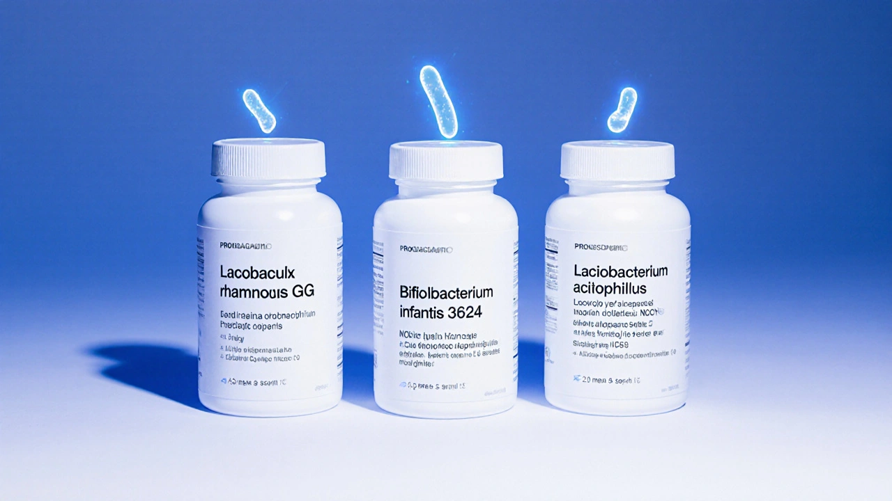 Tři probiotické doplňky s jasně označenými kmeny bakterií na etiketách.