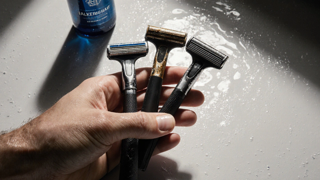 Tři žilky v různých stádiích opotřebení: nová, použitá a poškozená, na mokrém povrchu s kapekami vody.