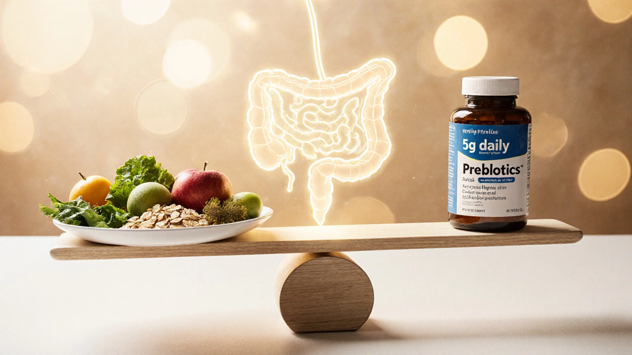 Váha s přírodními potravinami a doplňkem, spojená světlem k zdravému střevu.