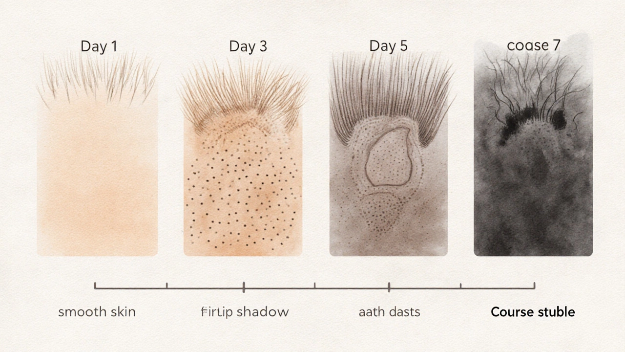 Vizualizace růstu vlasů po oholení ve čtyřech fázích: hladká pokožka, stín, černé bodky a hrubé chloupky.