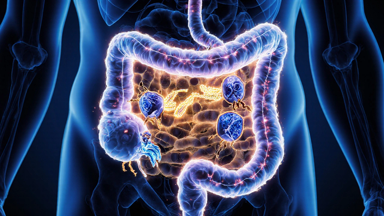 Vnitřní obraz střev s prospěšnými bakteriemi bojujícími proti patogenním bakteriím.