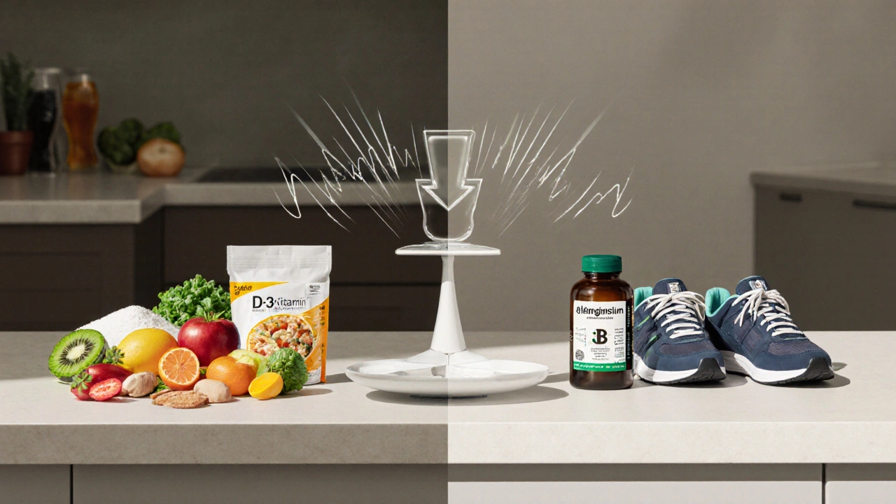 Vyvážená kuchyňská plocha s potravinami, multivitamínem a obuví pro chůzi.