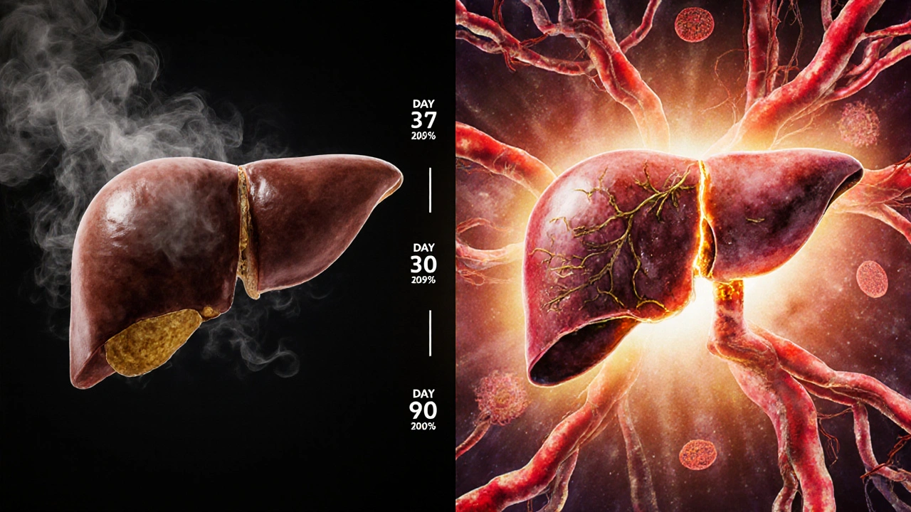 Zdravá játra se vyvíjejí z poškozeného orgánu v surrealní ilustraci.