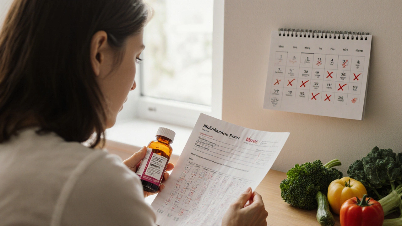 Žena hledí na výsledky krevních testů s vitamínovou lahvičkou a zeleninou na stole.