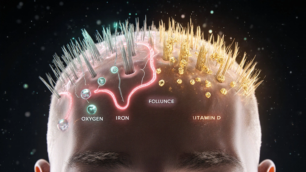 Zvětšený pohled na zdravé a oslabené vlasové folikuly.