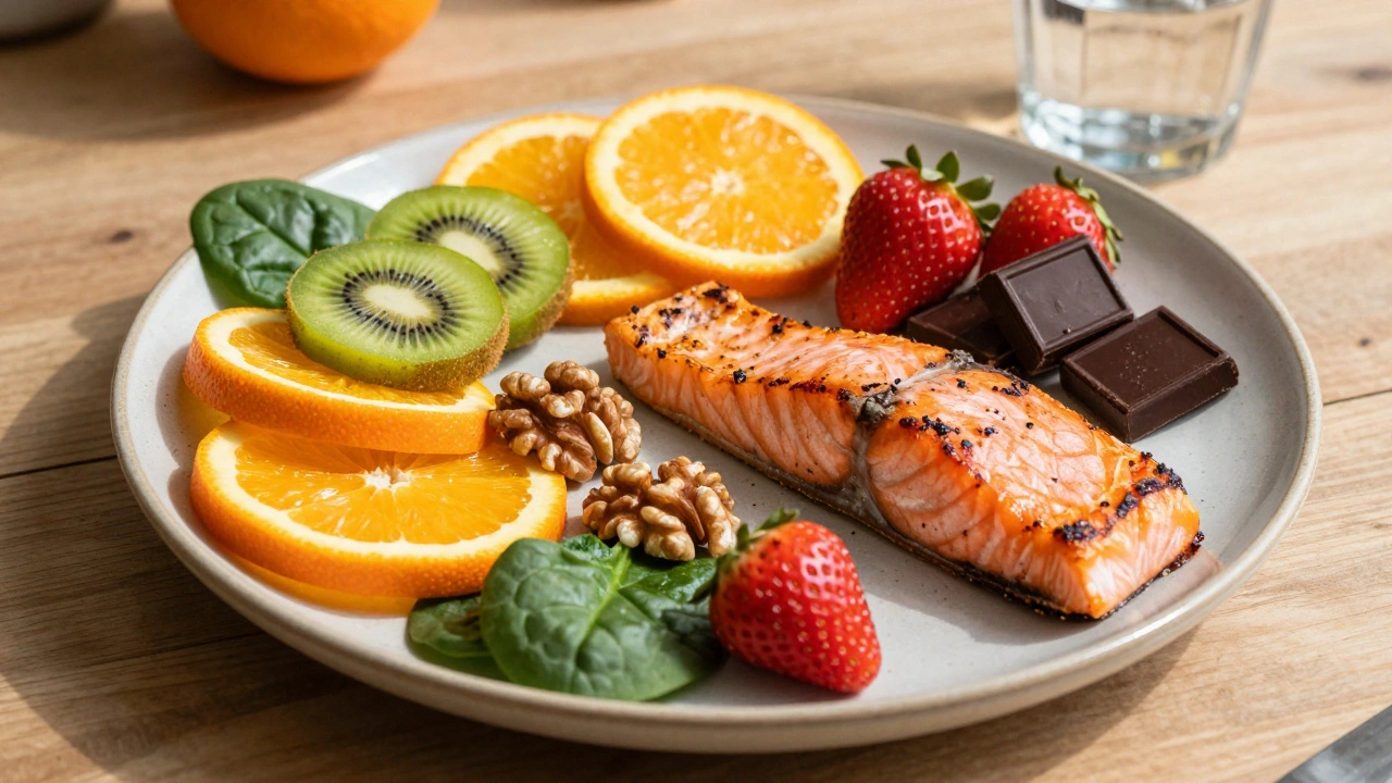 Barvivá porce ovoce, zeleniny, lososa a ořechů na keramickém talíři.