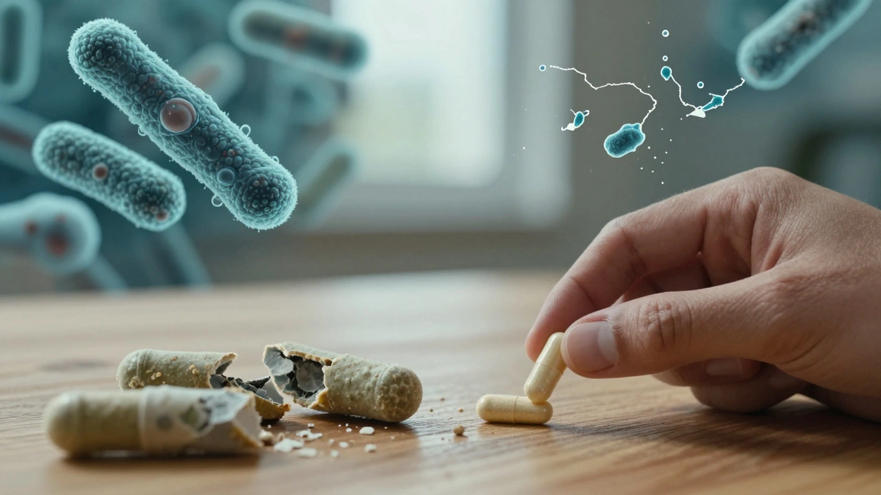 Čerstvá probiotika vedle vypršelé tabletky s mikroskopickými obrazem bakterií v pozadí.