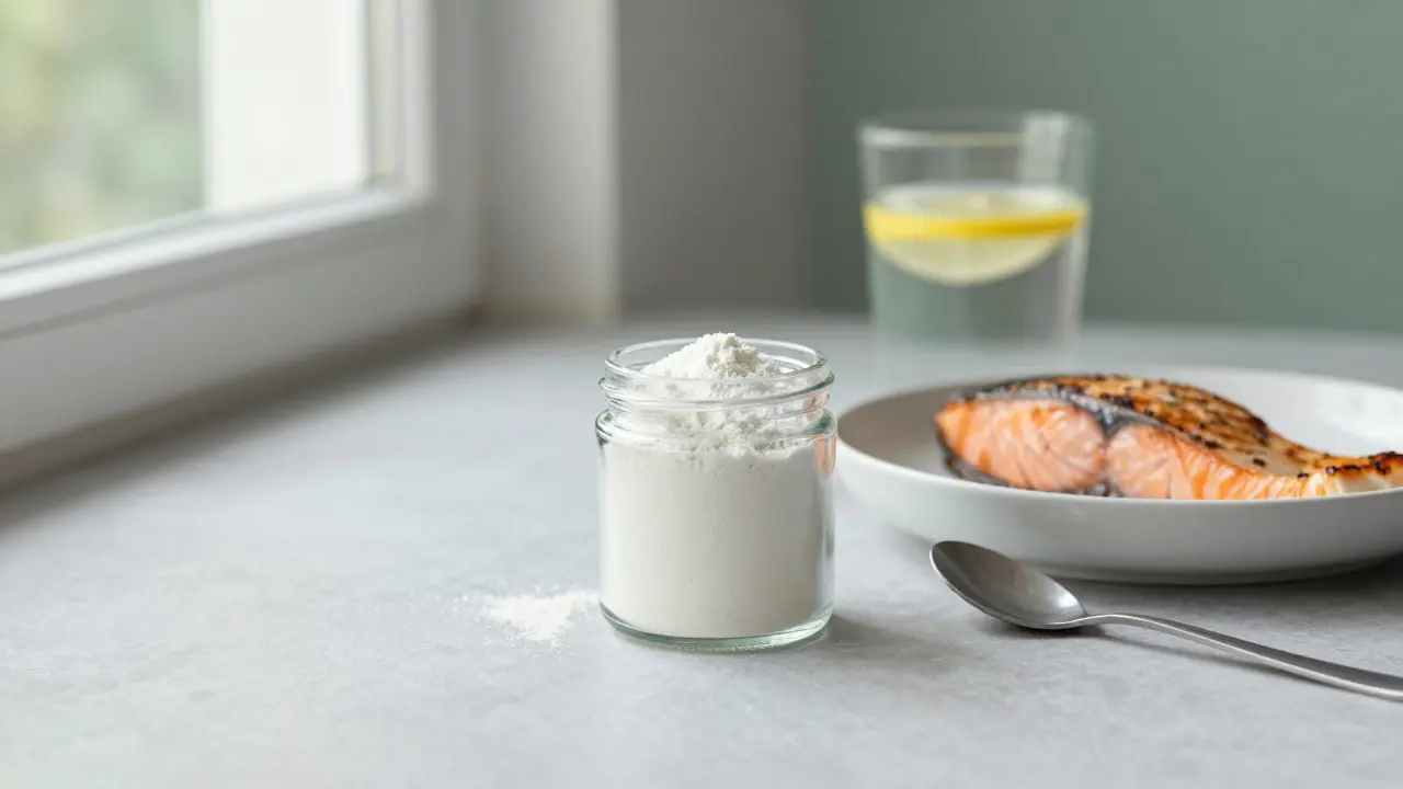 Čistý prášek mořského kolagenu vedle pečeného lososa a citronu.