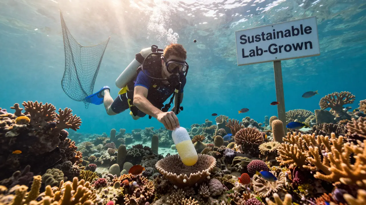 Diver uvolňuje udržitelně vyrobený kolagen do zdravého korálového útesu, zatímco prázdná sítě symbolizují ochranu.