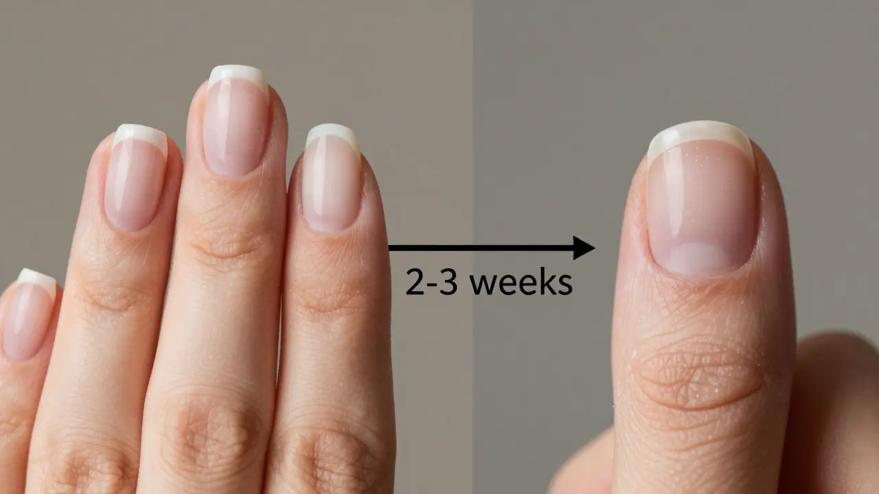 Dvě strany nehtu: zdravý s vrstvami gelu a poškozený s bělými skvrnami a odlupováním.