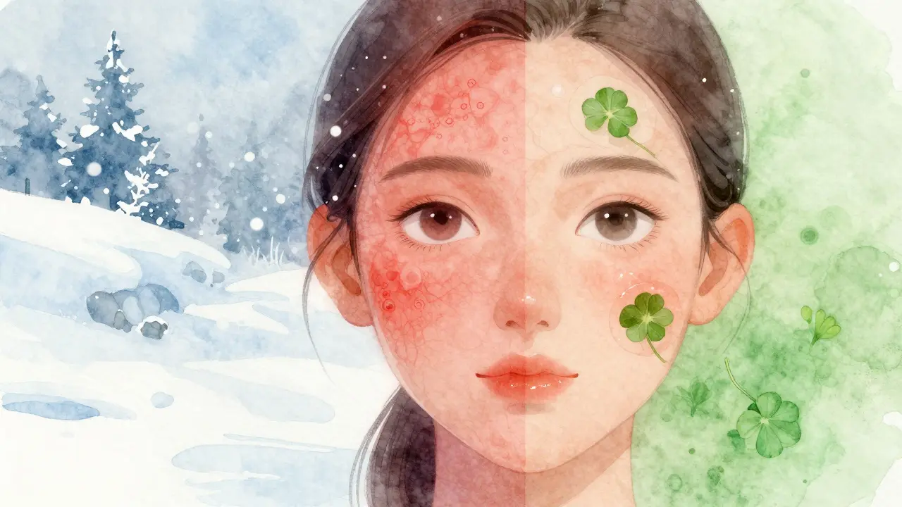 Dvoustranný portrét červené pokožky a obnovované pokožky s přírodními látkami.