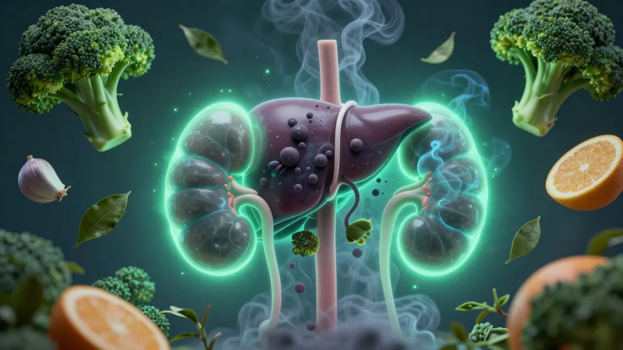 Játra a ledviny čistí krev od toxinů podporované přirozenými potravinami.