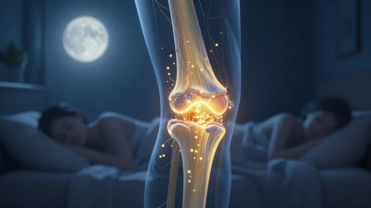 Kloub v noci s zlatými částicemi kolagenu, které se vstřebávají do chrupavky.