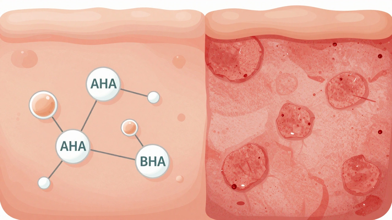 Kontrast mezi zdravou pokožkou po jemném odličování a poškozenou pokožkou po hrubém scrubu.