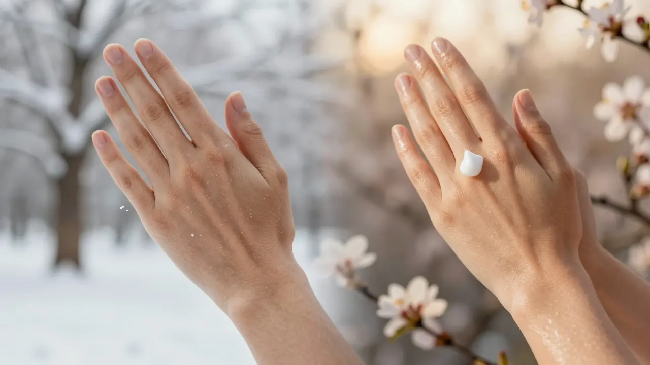 Kontrast mezi zimní a letní pletí při použití gommage.