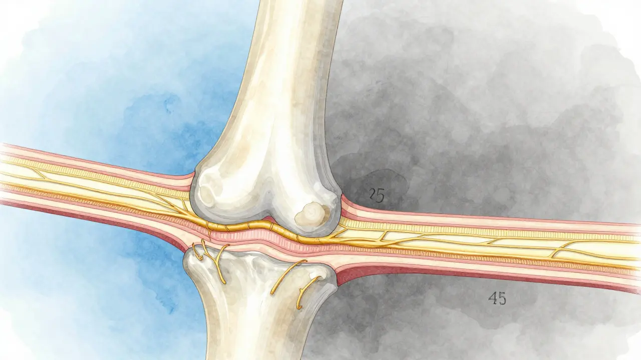 Křížový řez kloubu ukazující postupné tenčení chrupavky od 25 do 45 let.