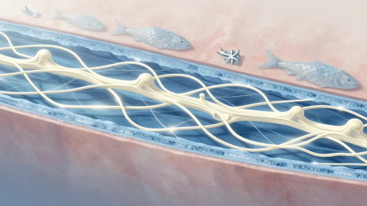 Křížový řez kůže, kloubu a vlasů s viditelnými kolagenovými vlákny.