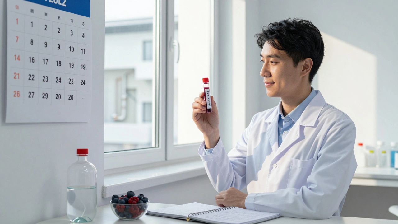 Laboratorní technik s krevní zkouškou olova v české lékárně, na pozadí moderní domácnost a zdravá strava.