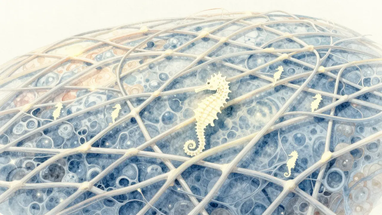 Mikroskopický pohled na lidskou kůži s kolagenovými vlákny, do kterých jsou integrovány siluety mořských koníků.