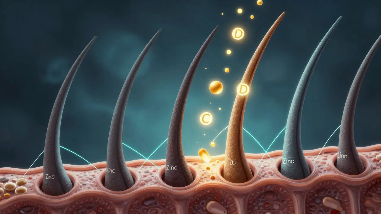 Mikroskopický pohled na vlasové folikuly napájené vitamíny a minerály jako zlatými částicemi.