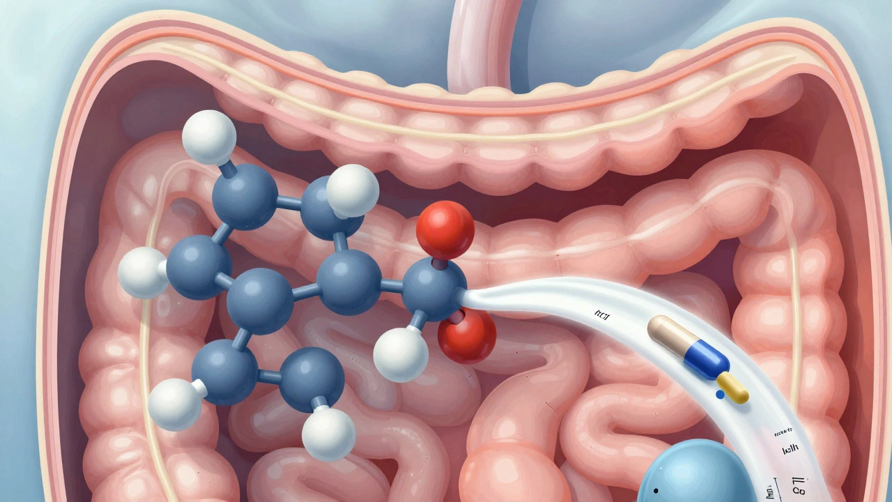 Molekulární interakce antibiotika a vápníku v trávicím traktu.