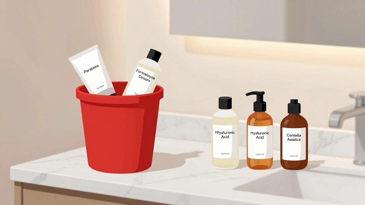 Na koupelnové lavici jsou odstraněny nebezpečné látky z kosmetiky, místo nich jsou bezpečné přírodní složky.