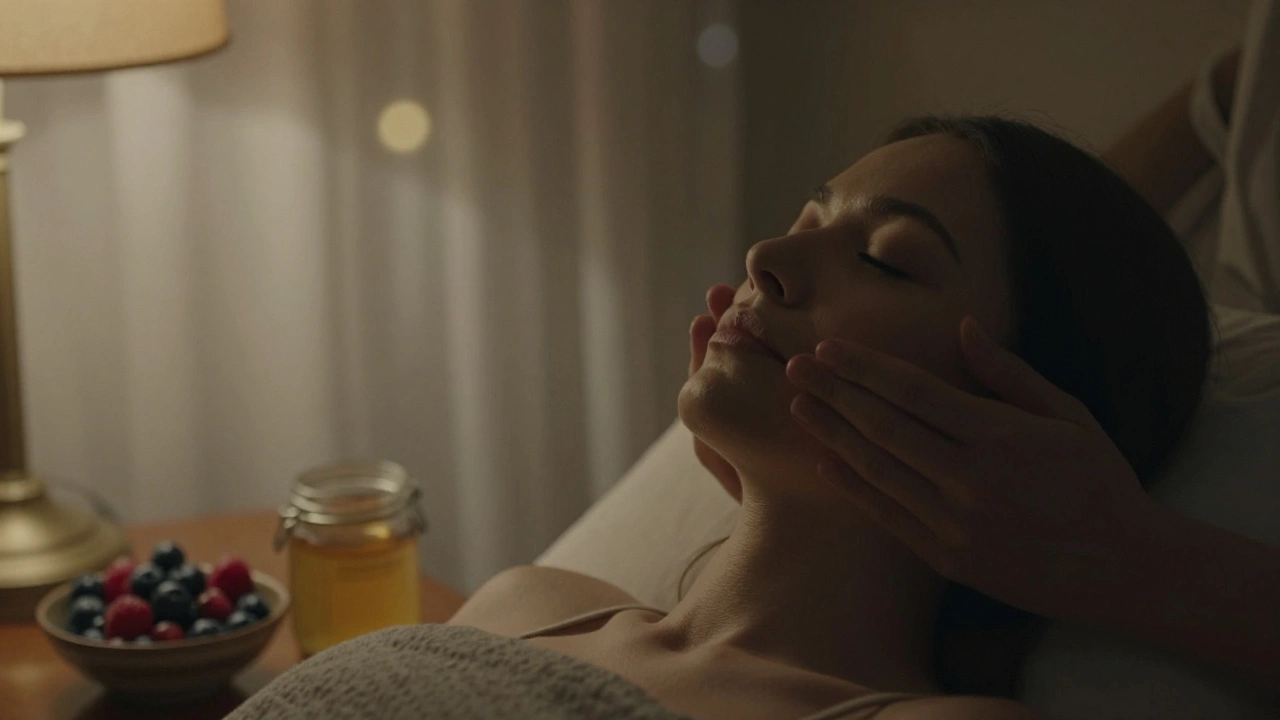 Osoba jemně masíruje obličej v klidné noční atmosféře.