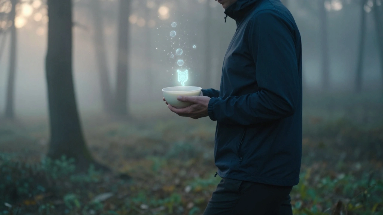 Osoba kráčí v lese s kvasenými potravinami, symbolicky vydávající světlo reprezentující obnovu mikroflóry.