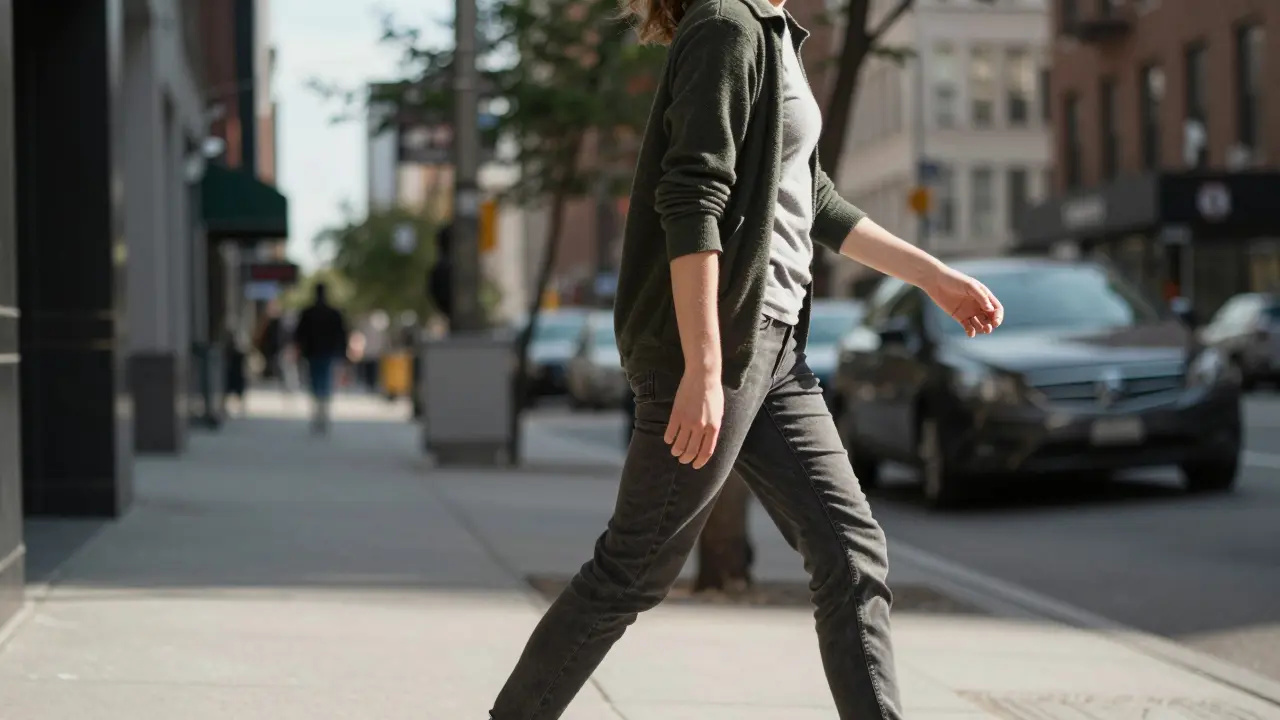 Osoba rychle chodí po chodníku v městě, slunce osvětluje její obličej.