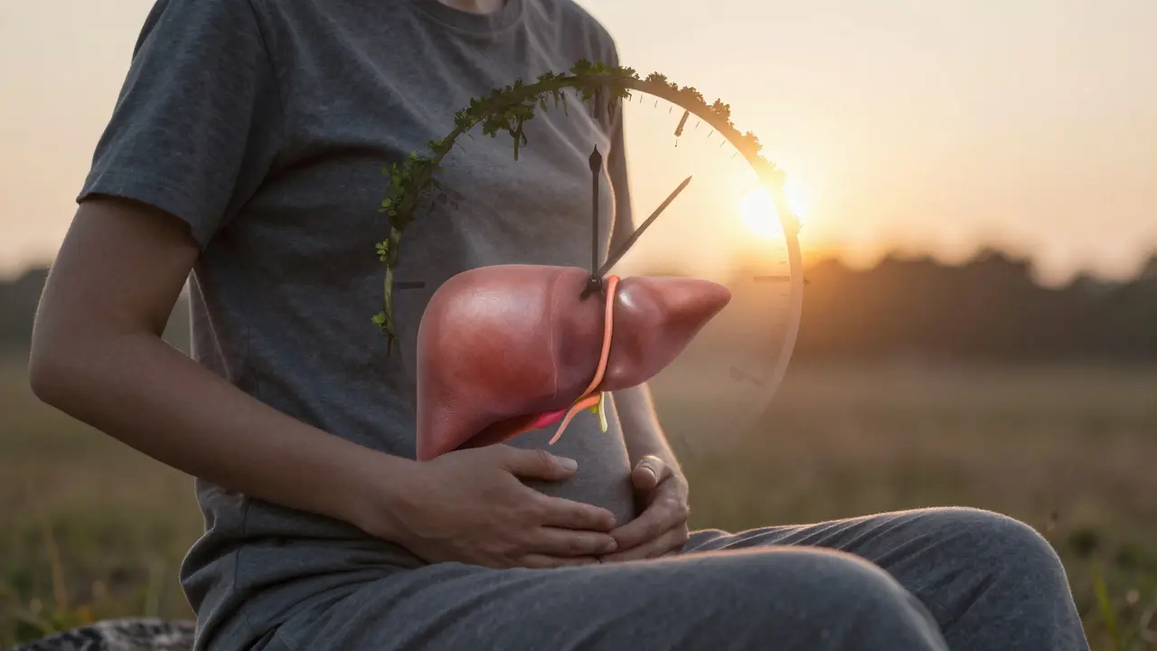 Osoba s průhledným zobrazením zregenerovaného játra při východu slunce.