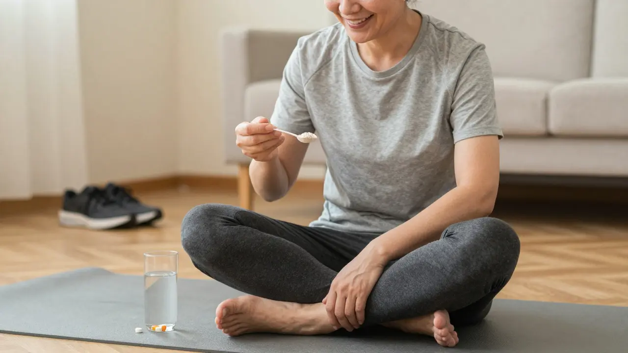 Osoba ve 40 letech užívá kolagenový prášek s vitamínem C v domácím prostředí.