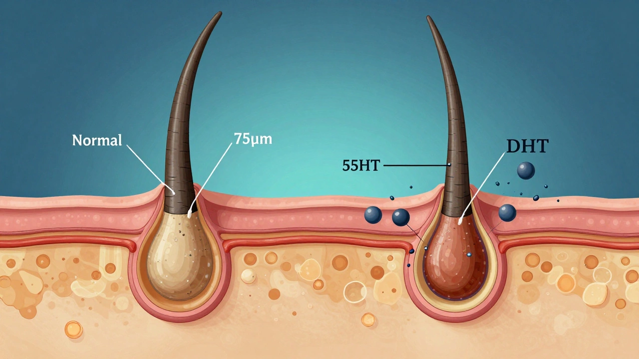 Porovnání průměru zdravého a tenkého vlasu s anatomickými detaily.