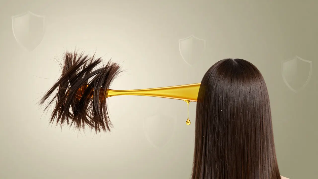 Poškozené vlasy se mění v zdravé, lesklé vlasy pod vlivem arganového oleje.