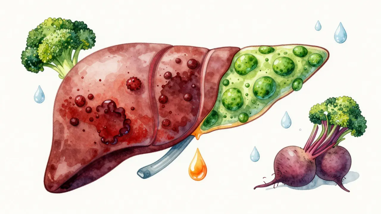 Přeměna poškozeného játra na zdravé s podporou zeleniny a vody.