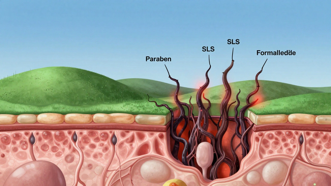 Příčný řez pokožkou s označenými škodlivými chemikáliemi a zdravými složkami jako přírodní krajina.