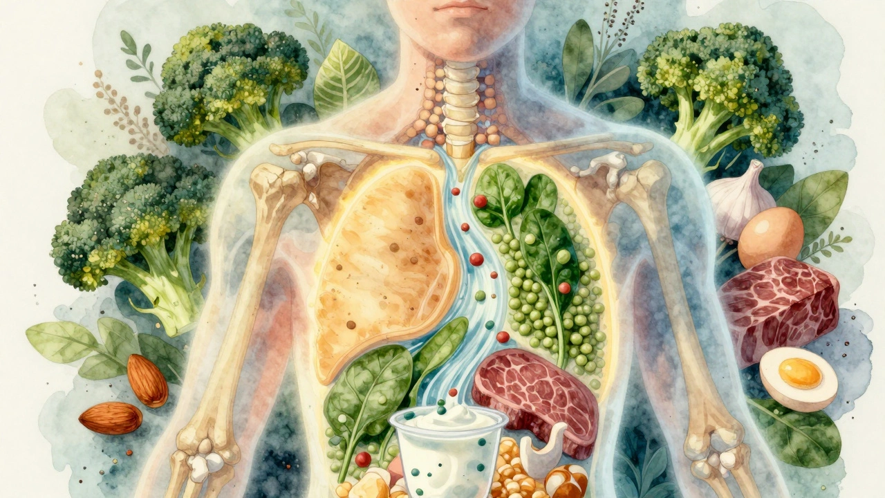 Průhledné tělo s olovem v kostech, obklopené potravinami bohatými na vápník, železo a antioxidanty.