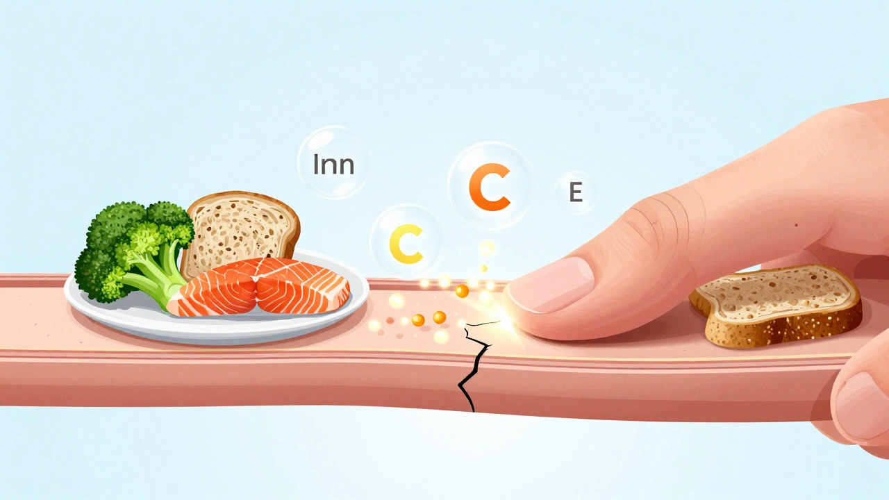Průřez nehtu s viditelnými trhlinami a plavajícími živinami jako biotin, zinek a vitamín C z potravin.
