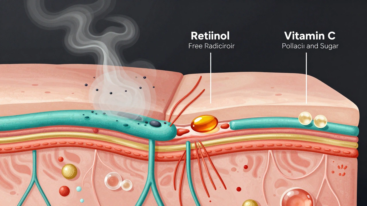 Řez kůží ukazující poškození kolagenu a jeho regeneraci pomocí retinolu a vitamínu C.