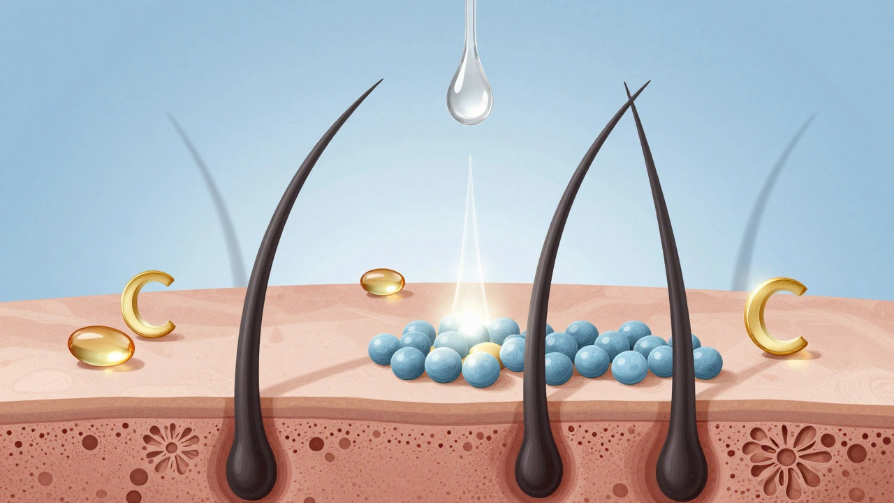 Řez skalpem s vlasy absorbuje kolagenové peptidy a vitamíny v biologickém stylu.