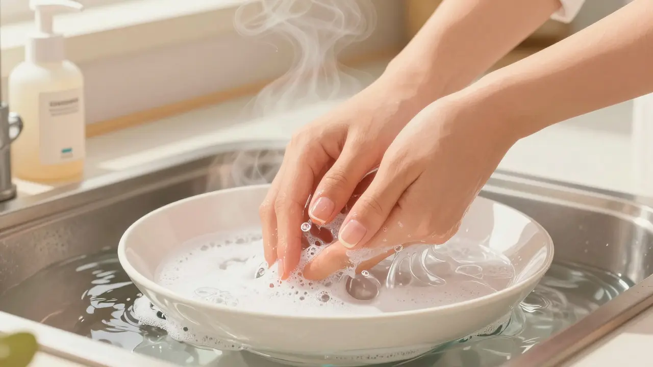 Ruce v mycím roztoku s jedním poškozeným nehtem, zbytek laku je pořád celý.