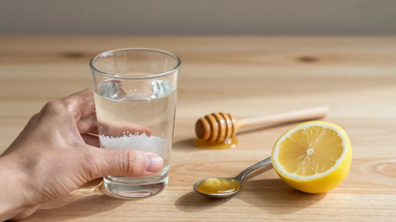 Sklenice vody s mořskou solí, surový med a citrón na dřevěném stole.