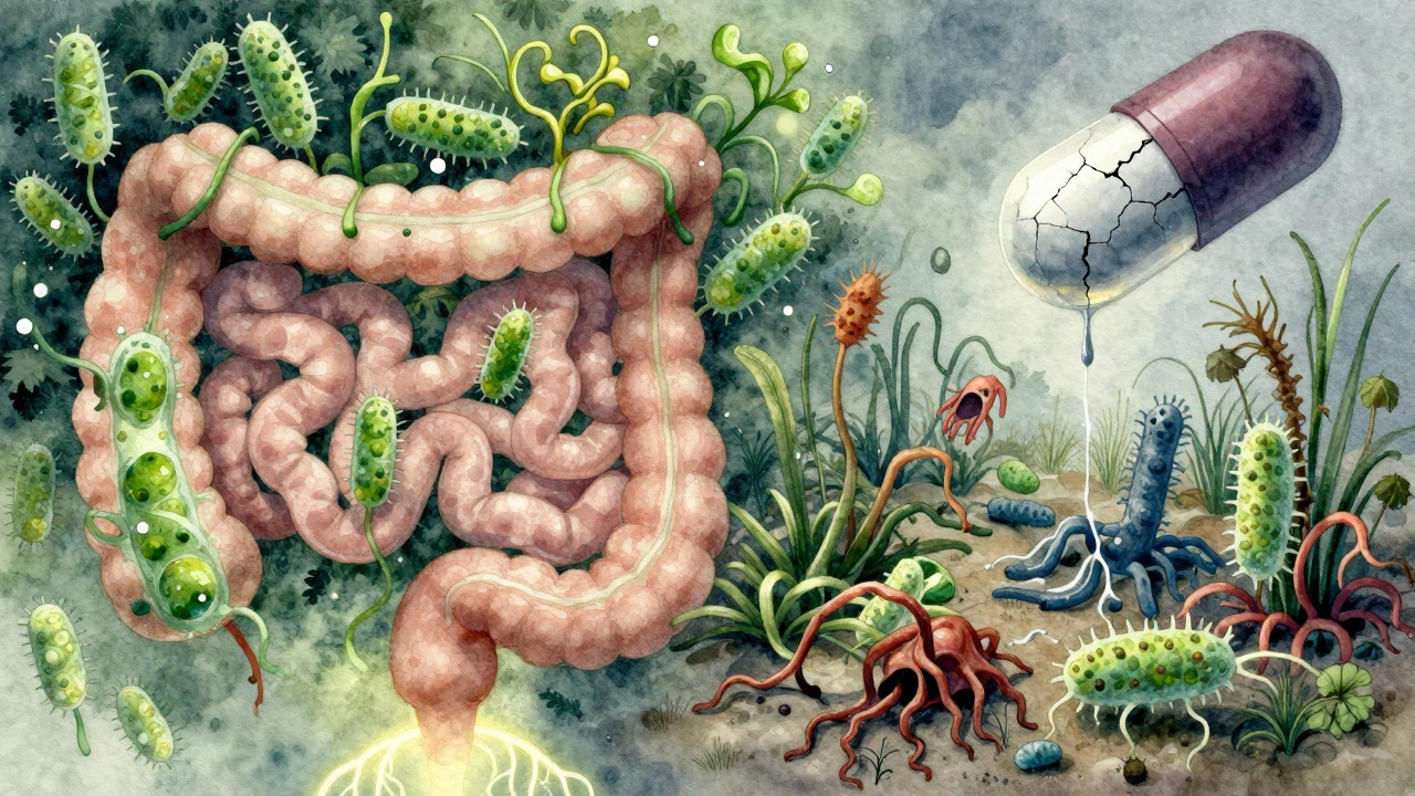 Střevo jako zahrada: zdravé bakterie po jedné straně, škodlivé plevely po druhé pod rozpadající se tabletkou.
