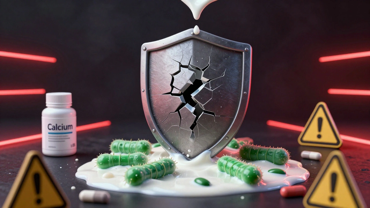 Symbolický obraz zničené účinnosti antibiotika kvůli mléku.