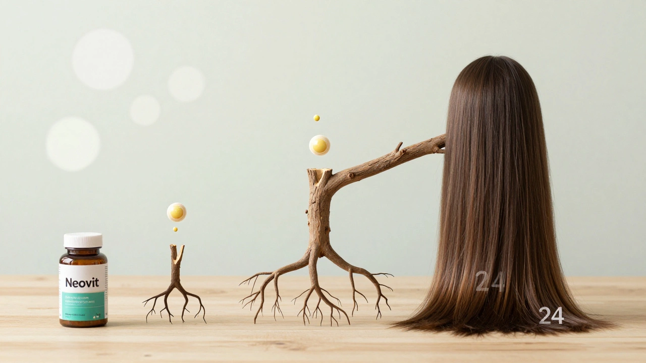 Tři fáze růstu vlasů jako kořeny stromu s kolagenem spojujícím jednotlivé etapy.